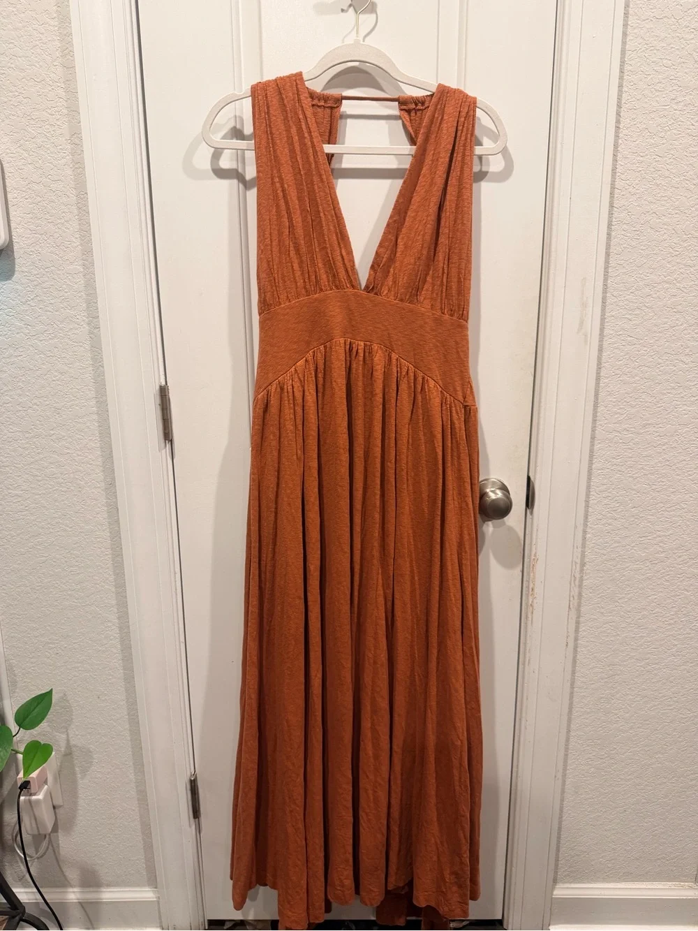 Free People Beach Rust Cutout Maxi Dress | Deep V Boho Open Back | Size Large
